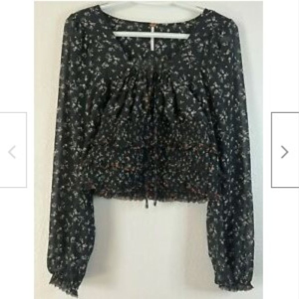 Free People Floral Print Top Light & Sheer Square Neck Raw Edges Frilled Layers